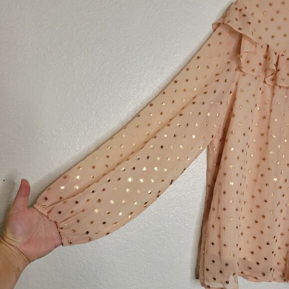 Lauren Conrad Size XL Pink and Shimmer Gold Ruffle Shoulder Long Sleeve Blouse - Picture 5 of 9